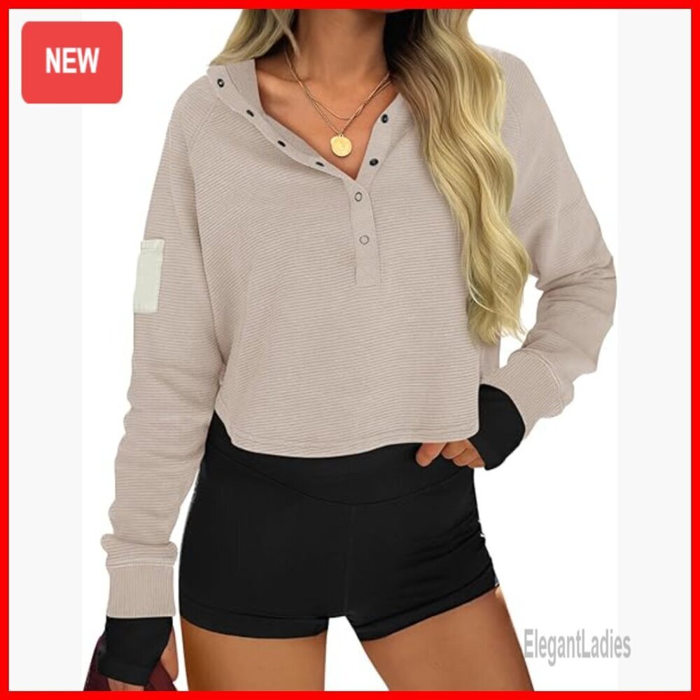 Cropped Henley Sweatshirt Long Sleeve Loose Fit Ribbed Fall Top